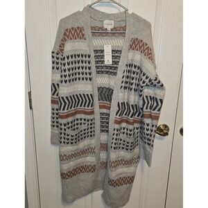 Pink Rose Women Large Grey Fair Isle Geometric Open Front Duster Cardigan